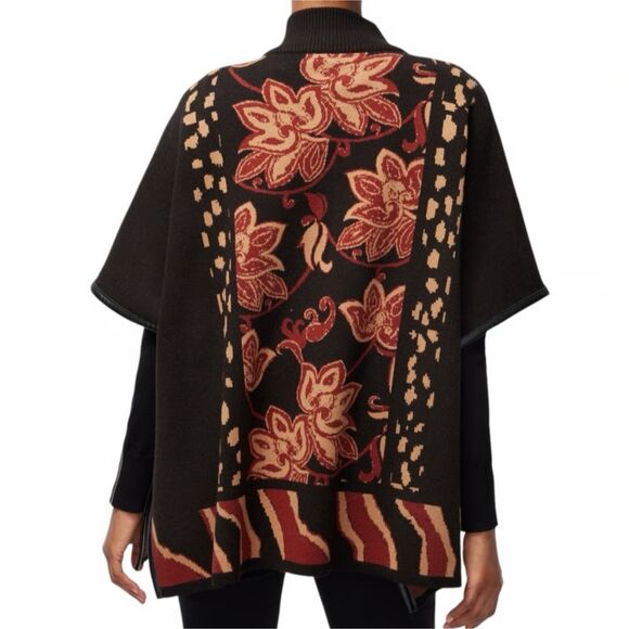Chico’s Ruana Front Zip Sweater Knit Poncho Cape Cardigan Black Fall Floral S M - Picture 3 of 16